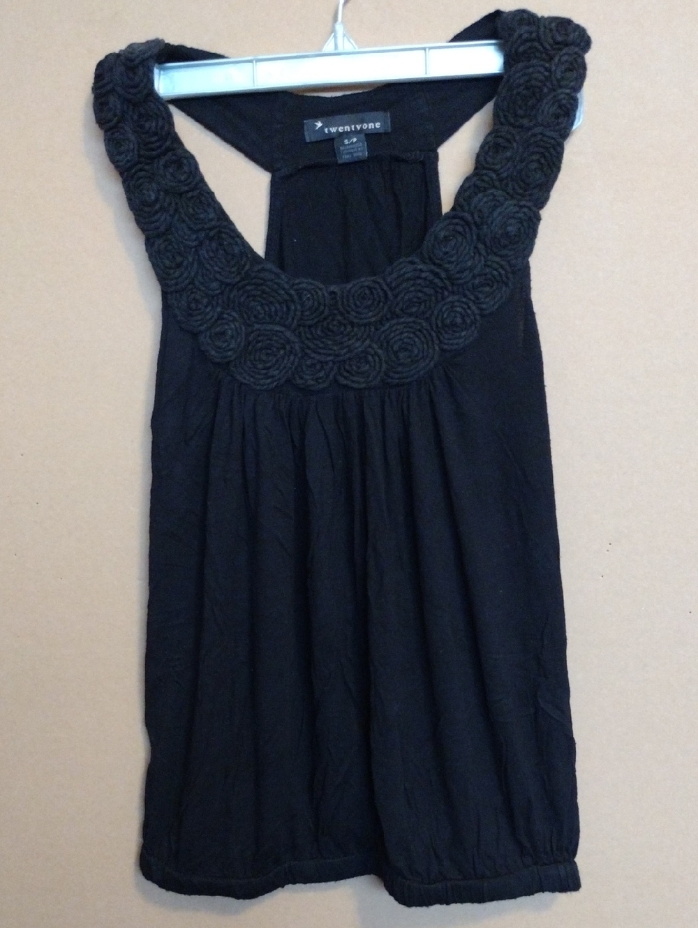 Twentyone Black Racerback Tank Top with Rosette Neckline